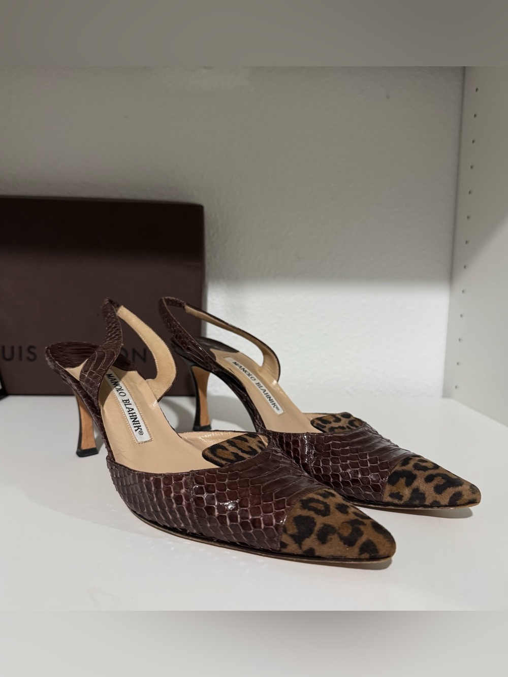 Manolo Blahnik Brown Crocodile-Embossed Slingback Heels with Leopard-Print Toe